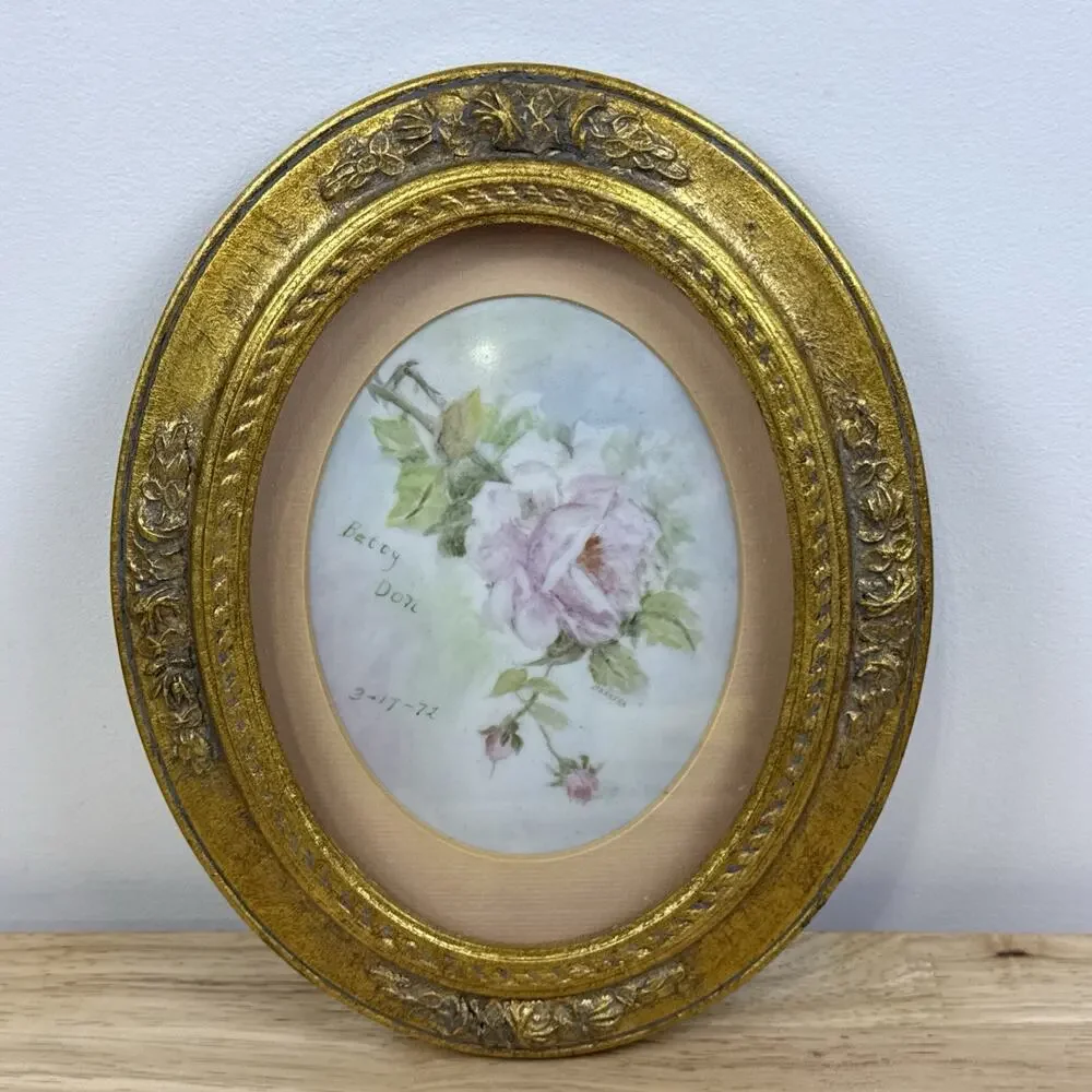 Vintage Gold Gilt Victorian Oval Frame with Painted Porcelain Rose Art 10”